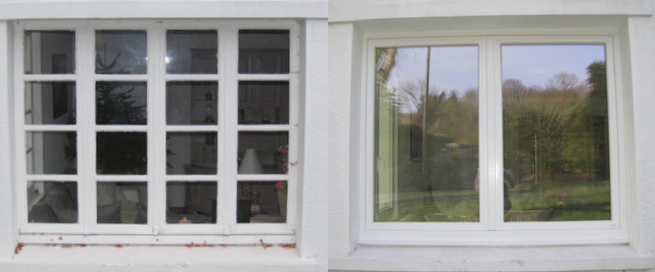 Remplacement d'une fenêtre quatre vantaux par une fenêtre deux vantaux (Menuiserie PVC Kömmerling®) Un maximum de clair de vue. Oscillo-ba